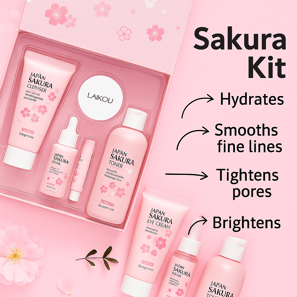 Kit Sakura LAIKOU 5 - en - 1 – Nettoyant, Toner, Sérum & Crème Hydratante pour une Peau Douce, Lisse et Lumineuse - NaturaJade