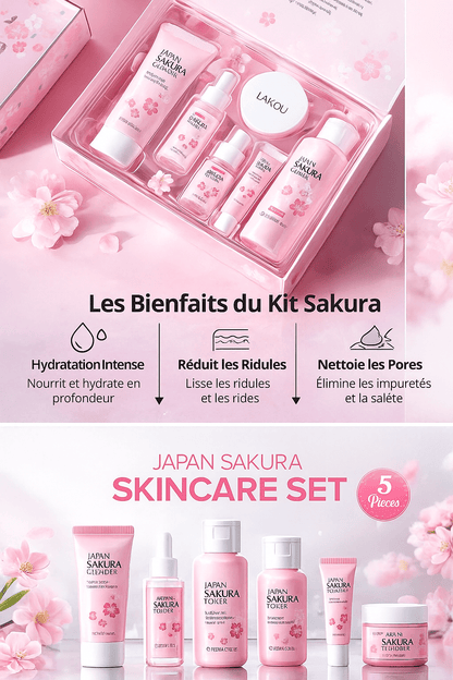 Kit Sakura LAIKOU 5 - en - 1 – Nettoyant, Toner, Sérum & Crème Hydratante pour une Peau Douce, Lisse et Lumineuse - NaturaJade